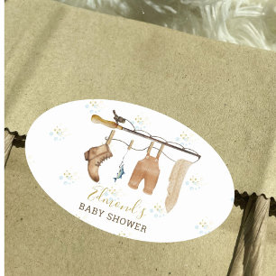 Sticker Ovale Fête de Bébé Rustique sur Corde à Linge Pêcheur De