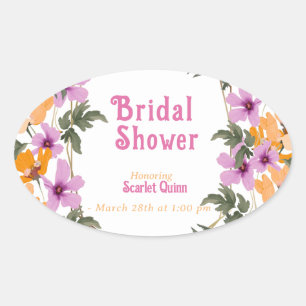 Sticker Ovale Fête de douche de mariage aux fleurs sauvages rose