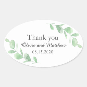 Sticker Ovale Feuilles eucalyptus. Merci mariage des bois