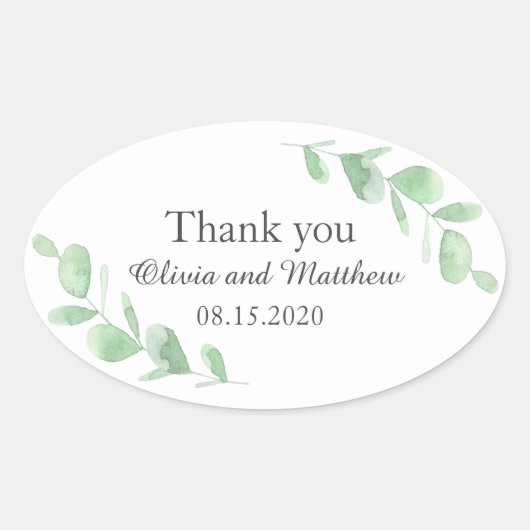 Sticker Ovale Feuilles eucalyptus. Merci mariage des bois (Devant)