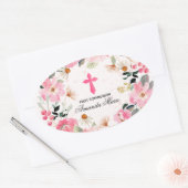 Sticker Ovale Fille première communion aquarelle rose floral (Enveloppe)