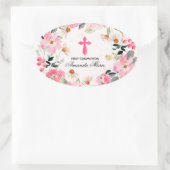Sticker Ovale Fille première communion aquarelle rose floral (Sac)