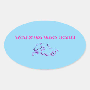 Sticker Ovale Filles Bleu mignon Parlez au Cheval de Queue / Pon
