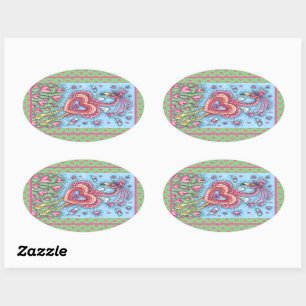 Sticker Ovale Flamant rose ROSE CUPIDE ET COEURS DE VOL VALENTIN