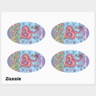 Sticker Ovale Flamant rose ROSE CUPIDE ET COEURS DE VOL VALENTIN