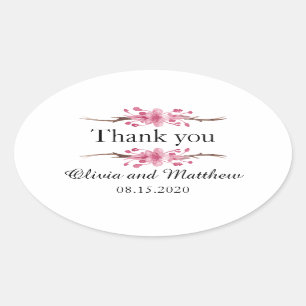 Sticker Ovale Fleur de cerisier rose. Merci mariage floral