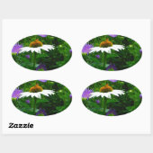 Sticker Ovale Fleur de cône blanc, fleurs pourpres et papillon (Feuille)