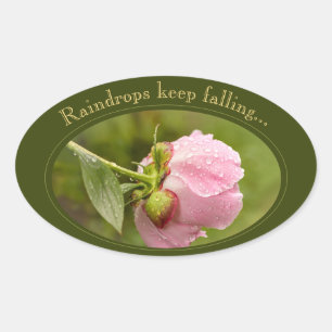 Sticker Ovale Fleur de pivoine rose avec gouttes de pluie scinti