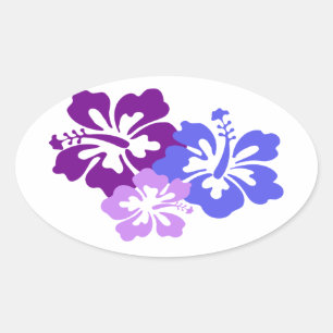 Sticker Ovale Fleur d'Hibiscus topique en bleu, violet et Lilac