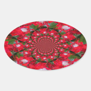 Sticker Ovale Fleur Rouge Naturelle Art Kaléidoscopique Plume Bl