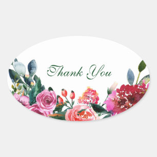 Sticker Ovale Fleurs Aquarelle Vert Rose Floral Chic Vintage