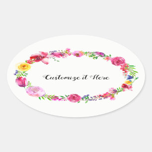 Sticker Ovale Fleurs de printemps modernes florales violet rose 