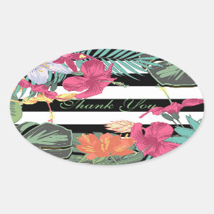 Sticker Ovale Fleurs Floral Tropical Feuilles Rayures Noir Blanc