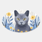 Sticker Ovale Fleurs Jaunes Chat Bleu Russe (Devant)