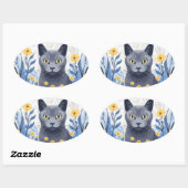 Sticker Ovale Fleurs Jaunes Chat Bleu Russe (Feuille)
