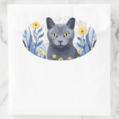 Sticker Ovale Fleurs Jaunes Chat Bleu Russe (Sac)