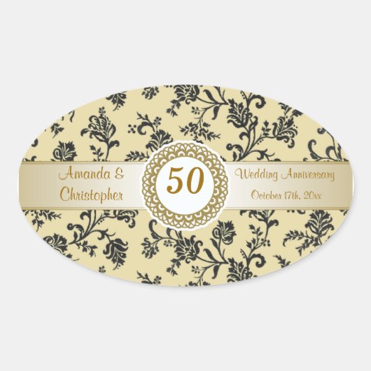 Sticker Ovale Fleurs noires Damas sur l'or Anniversaire Mariage (Devant)