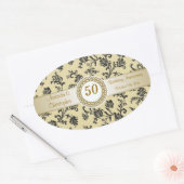 Sticker Ovale Fleurs noires Damas sur l'or Anniversaire Mariage (Enveloppe)