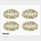 Sticker Ovale Fleurs noires Damas sur l'or Anniversaire Mariage (Feuille)