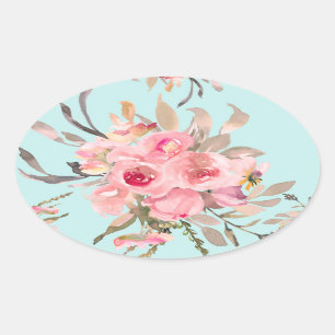 Sticker Ovale Fleurs rose pâle sur bleu clair