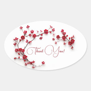 Sticker Ovale Fleurs rouges de cerisiers 3D Merci blanc