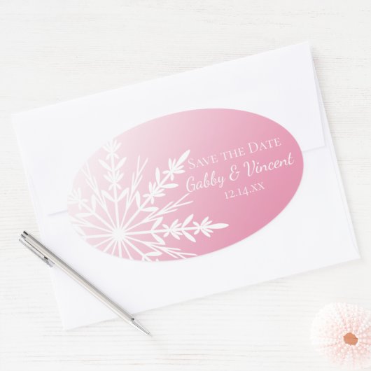 Sticker Ovale Flocon de neige rose blanc Mariage d'hiver Enregis (Enveloppe)