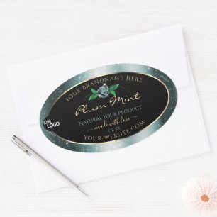 Sticker Ovale Floral noir foncé Parties scintillant Turquoise Lo
