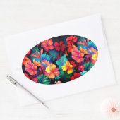 Sticker Ovale Floral Orange Fleurs Tropicales Avec Feuilles (Enveloppe)