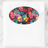 Sticker Ovale Floral Orange Fleurs Tropicales Avec Feuilles (Sac)