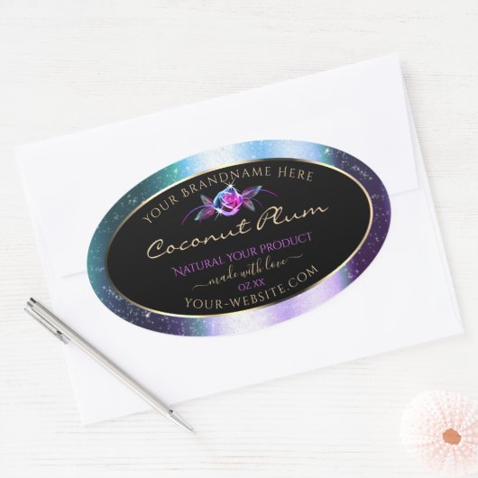 Sticker Ovale Floral Turquoise Parties scintillant violet noir É (Enveloppe)