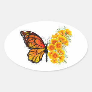 Sticker Ovale Flower Butterfly with Yellow California Poppy