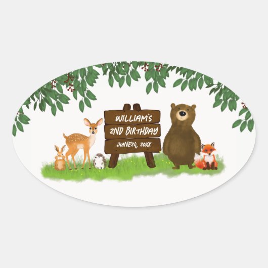Sticker Ovale Forest Animals Rustic Woodland Kid's Birthday (Devant)