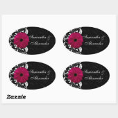 Sticker Ovale Fuchsia Scroll Gerbera Daisy avec noir et blanc (Feuille)