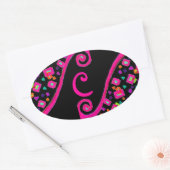 STICKER OVALE FUCHSIE ROSE NOIR DÉCO MONOGRAM ABSTRAIT (Enveloppe)