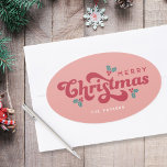 Sticker Ovale Funky Retro les années 70 Holly Jolly Christmas<br><div class="desc">Ce étiquette autocollant de Noël rétro funky comporte les mots "saint et joyeux" dans une police rétro amusante.</div>