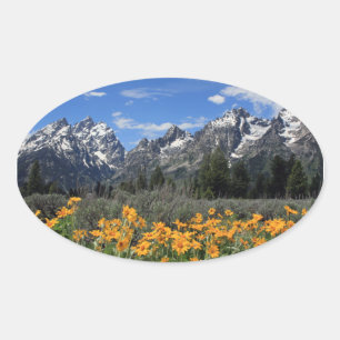 Sticker Ovale Gamme de Grand Teton couvert de neige avec fleurs