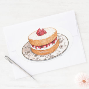 Sticker Ovale Gâteau de fraises vintage sur porcelaine