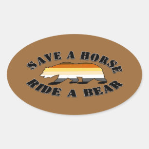 Sticker Ovale Gay Bear Pride Sauver un cheval monter un ours