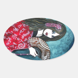 Sticker Ovale Geisha avec Fan