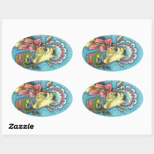 STICKER OVALE GIRAFFE EN BONNET DE PÂQUES AU PRINTEMPS, BASSIN D