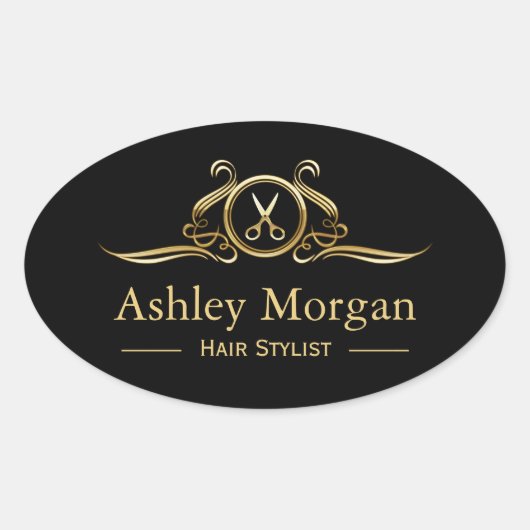 Sticker Ovale Gold Luxe Salon de beauté Coiffure coupe ciseau Lo (Devant)