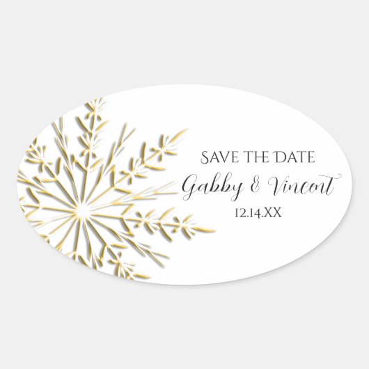 Sticker Ovale Gold Snowflake Mariage d'hiver Enregistrer la date (Devant)