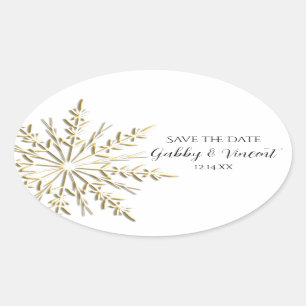 Sticker Ovale Gold Snowflake Mariage d'hiver Enregistrer la date