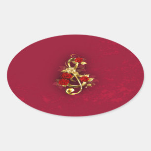 Sticker Ovale Golden Treble Clef avec fleurs Roses