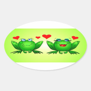 Sticker Ovale Grenouilles Cartoon Vert Cute Red Love Hearts