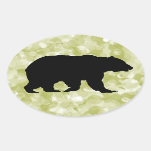 Sticker Ovale Grizzly Oear Noir Silhouette Motté Vert