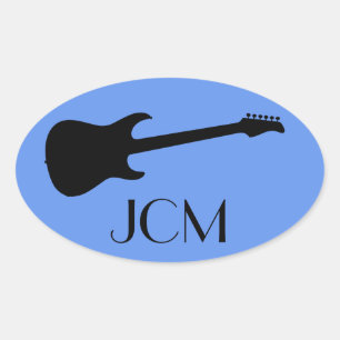 Sticker Ovale Guitare électrique noire moderne Monogram, bleuet