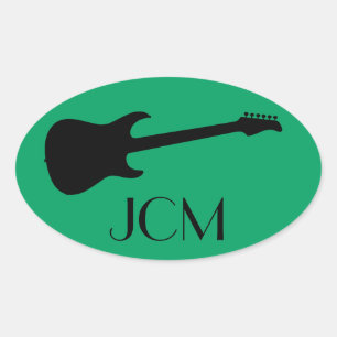 Sticker Ovale Guitare électrique noire moderne Monogram, trèfle