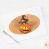 Sticker Ovale Halloween Cute Kitty Witch et ami Citrouille (Enveloppe)