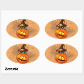 Sticker Ovale Halloween Cute Kitty Witch et ami Citrouille (Feuille)